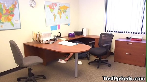 BDSM hunk spanks and whips sub in his office