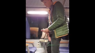 Horny school boy wanking on public train