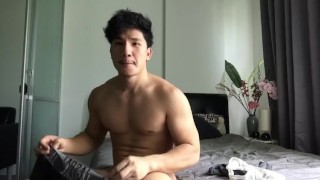 Hot Thai model trying-on underwear with a rock hard cock, young Asian gay porn tube
